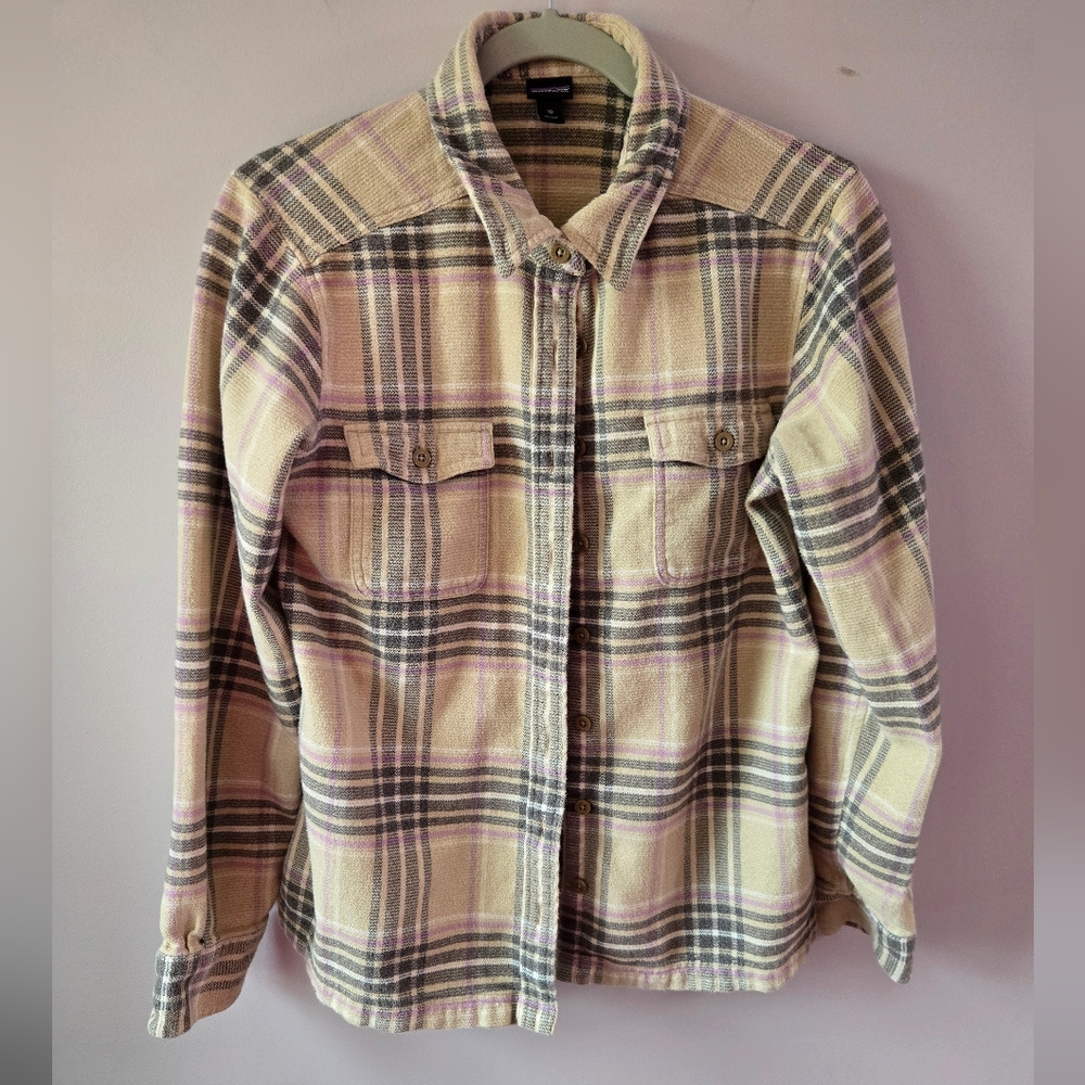 Patagonia Organic Cotton Flannel Shirt - Lilac & Tan Plaid sz 10 🩷💛